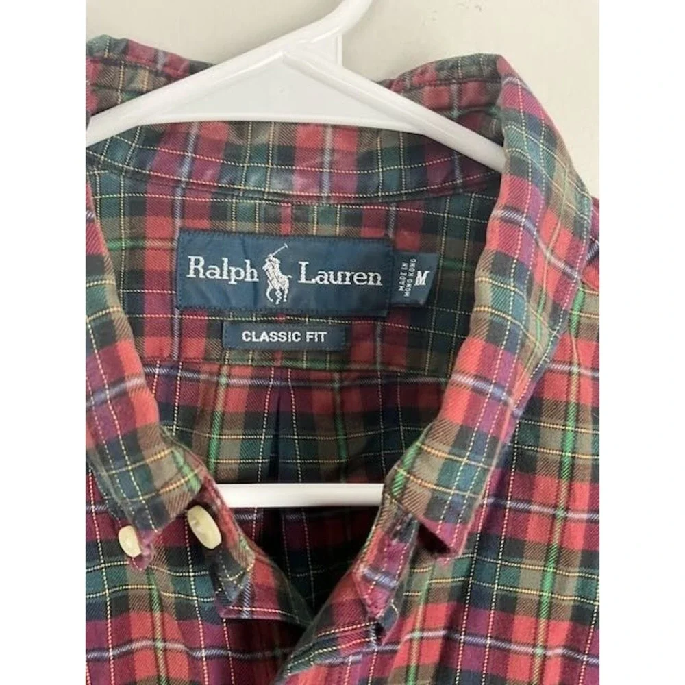 Ralph Lauren Classic Fit Button Down Shirt Mens M Red Green Tartan Plaid‎ Cotton - Picture 4 of 8